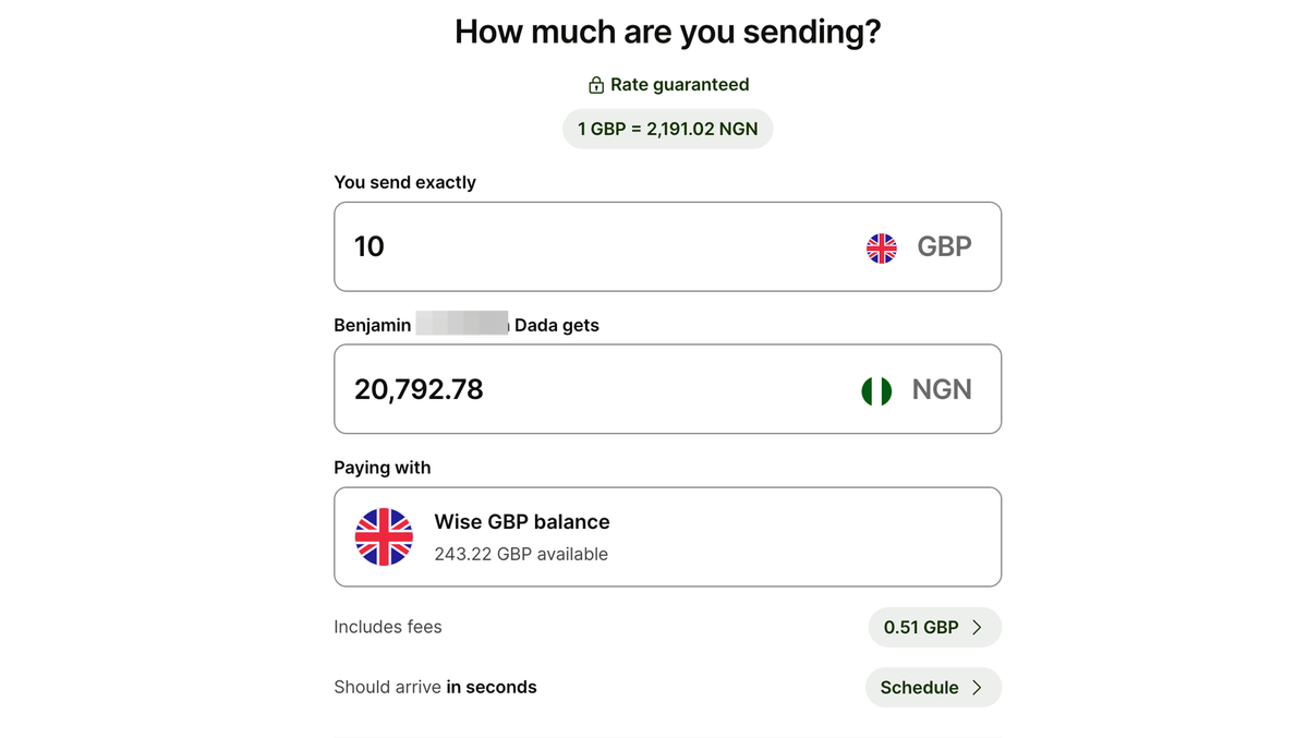 Screenshot showing a 10 GBP transfer to Nigeria in naira